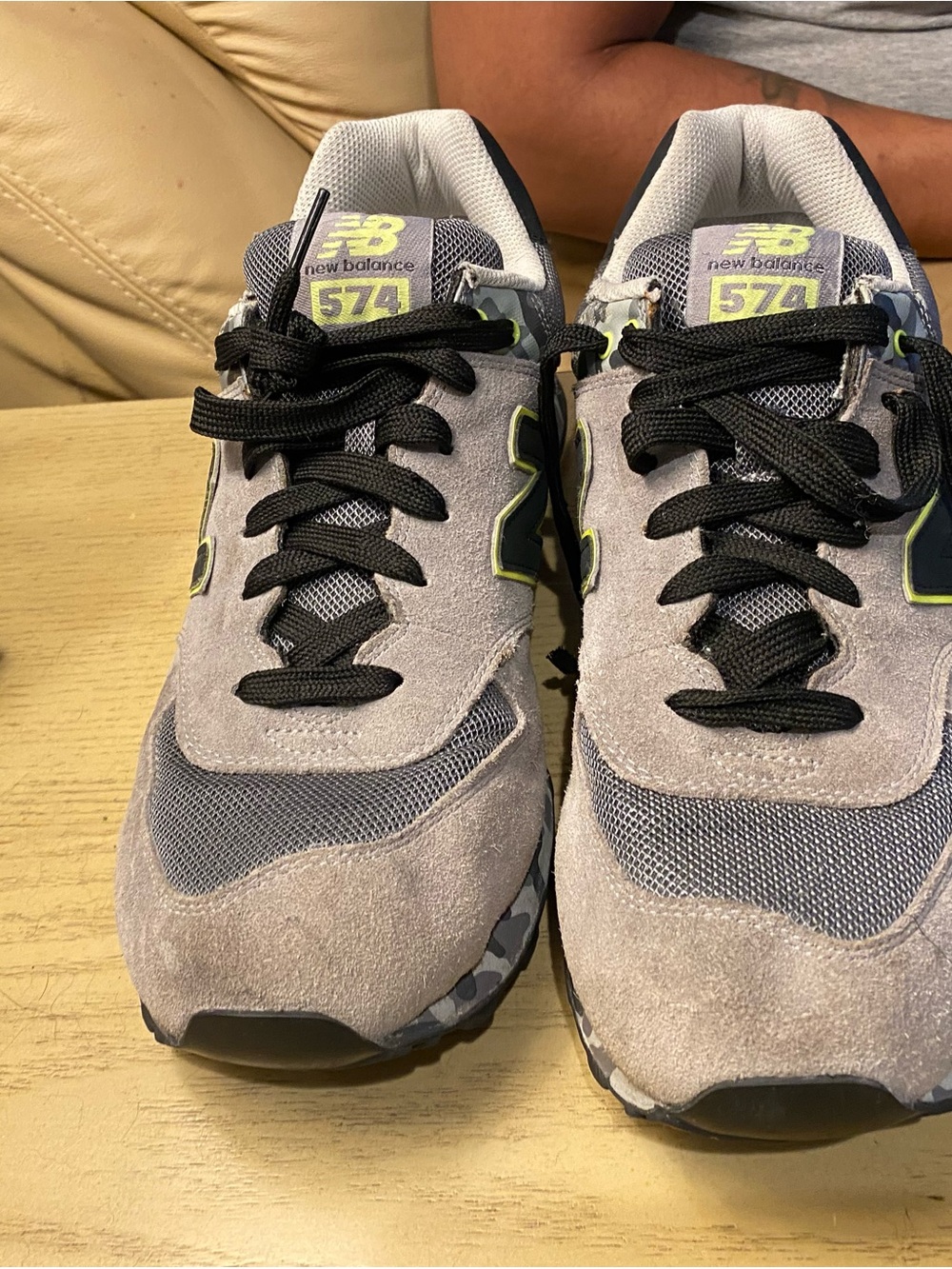 New Balance Men’s Grey & Black 574 Sneakers with Neon Accent